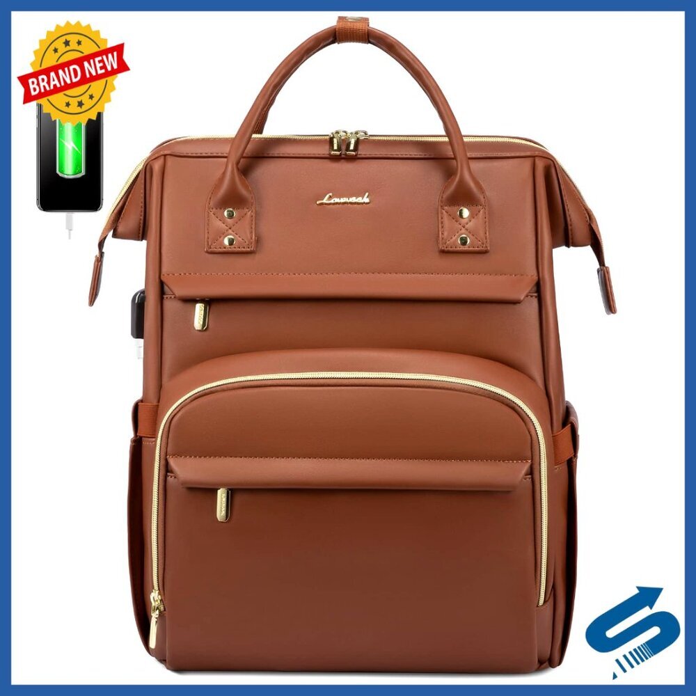 Leather Laptop Backpack Professional Work Bag Travel Purse with USB Port - Picture 1 of 6